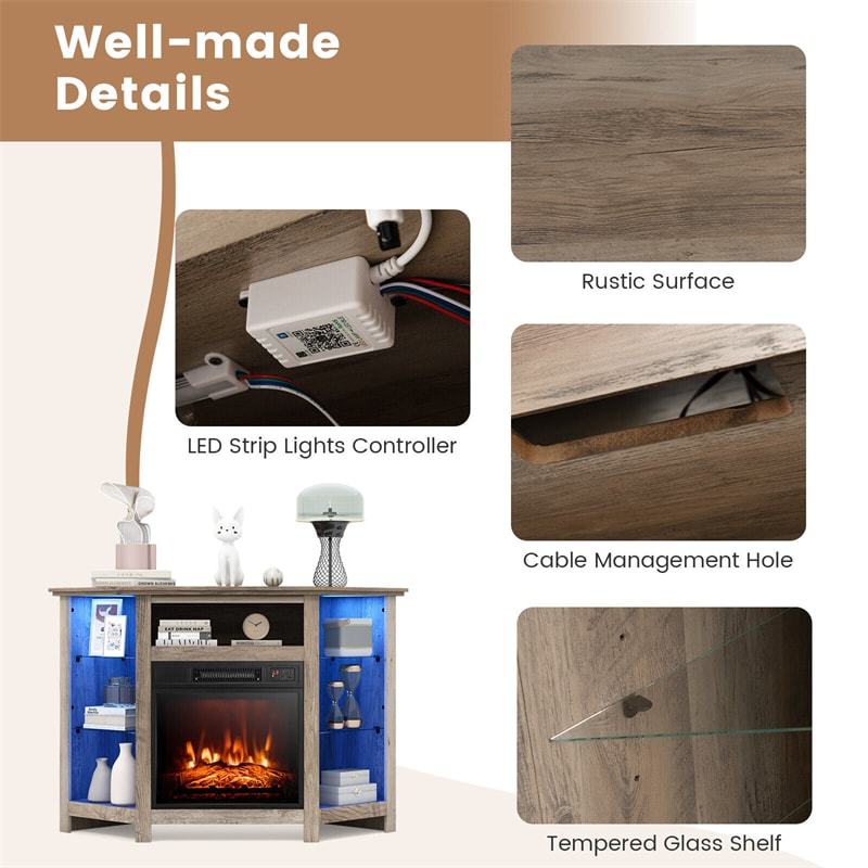 45" Corner Fireplace TV Stand for TVs up to 50" with 18" Electric Fireplace Insert, LED Lights & Adjustable Shelves