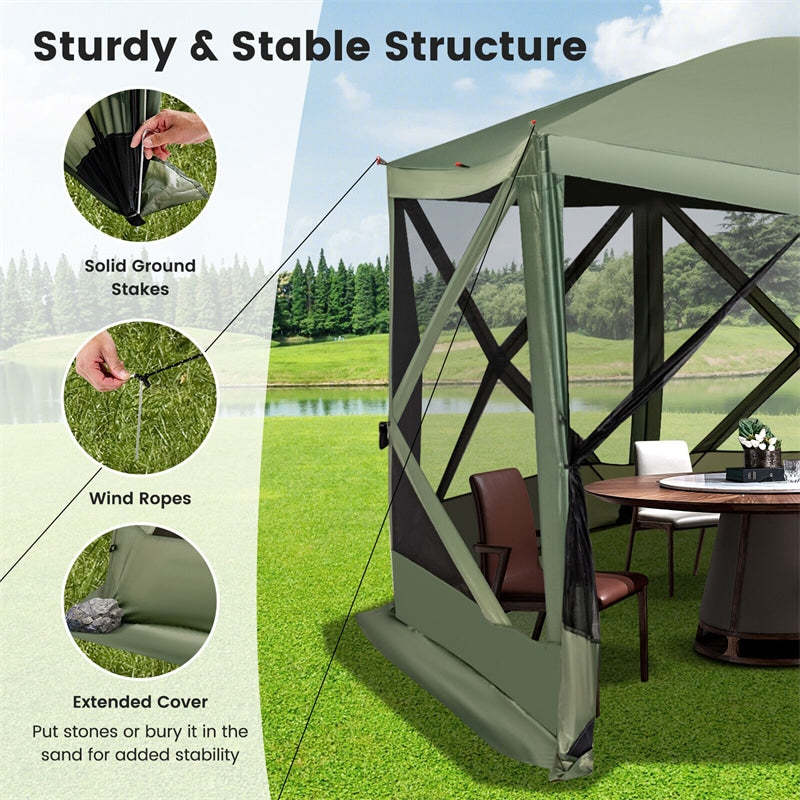 11.5' x 11.5' Pop Up Screen Tent 6-Sided Camping Gazebo Tent Outdoor Instant Canopy Shelter with Netting 2 Wind Clothes & Carry Bag