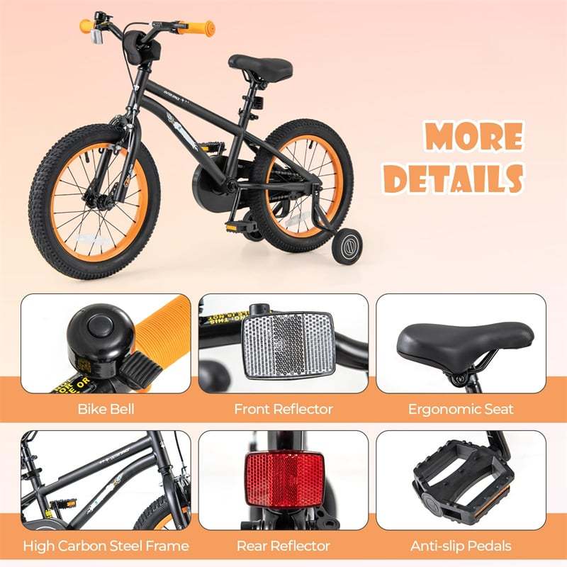 16-Inch Kids Bike Sports Bicycle for 4-7 Years Old with Height Adjustable Seat, Fully Enclosed Chain Guard & Removable Training Wheels