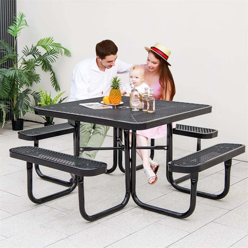 46" Thermoplastic Coated Steel Picnic Table Bench Set for 8 People, Outdoor Camping Table Square Commercial Picnic Table with Umbrella Hole