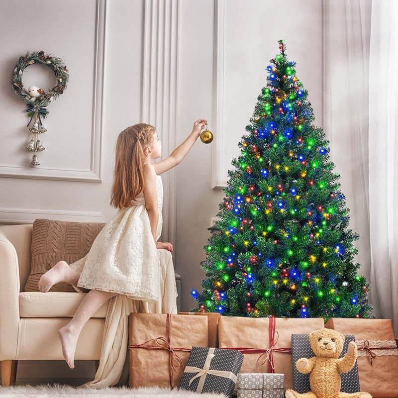 7.5FT Pre-Lit Artificial Christmas Tree, Premium Spruce Hinged Xmas Tree with 550 Multicolor LED Lights & Metal Stand, UL-Certified Transformer
