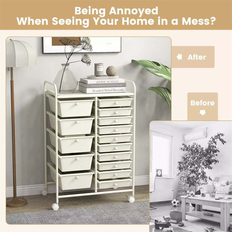 15-Drawer Rolling Storage Cart, Art &  Craft Organizer with Wheels & Removable Drawers for Tools, Scrapbook Paper, Home Office School