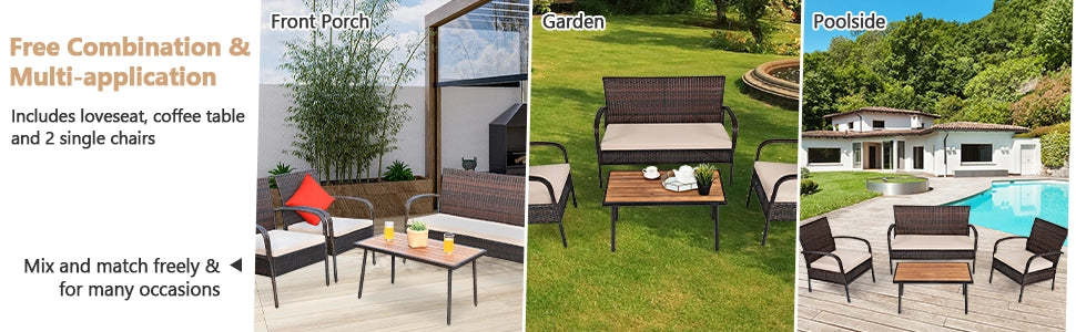 4PCS Patio Rattan Furniture Set Outdoor Conversation Set with Acacia Wood Coffee Table & Cushions