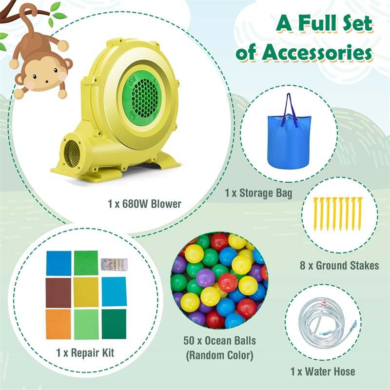 Inflatable Water Slide 7-in-1 Jungle Monkey Theme Bounce House Water Park w/ Long Slide, Splash Pool, 680W Blower, Climbing Wall for Kids Backyard Fun