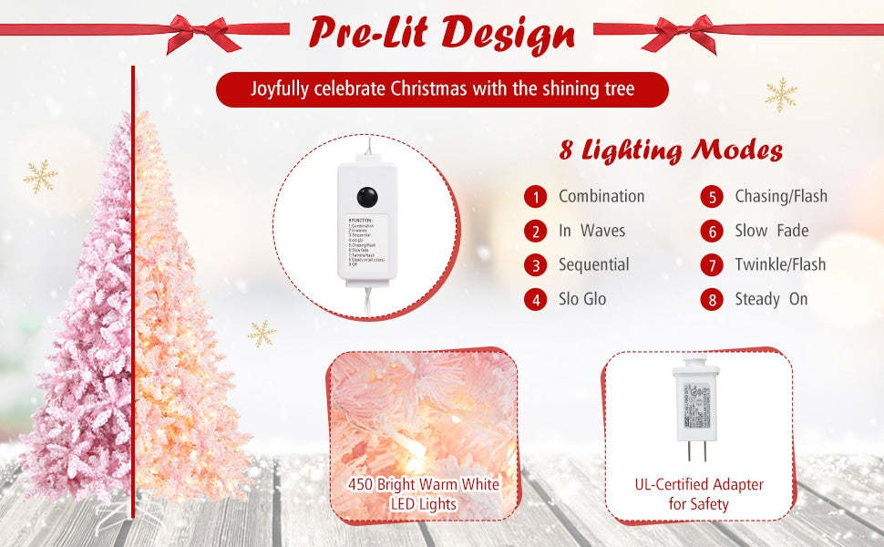 7.5ft Pink Pre-Lit Christmas Tree Hinged Artificial Snow Flocked Xmas Tree with 1100 PVC Branch Tips & 450 LED Lights 8 Lighting Modes