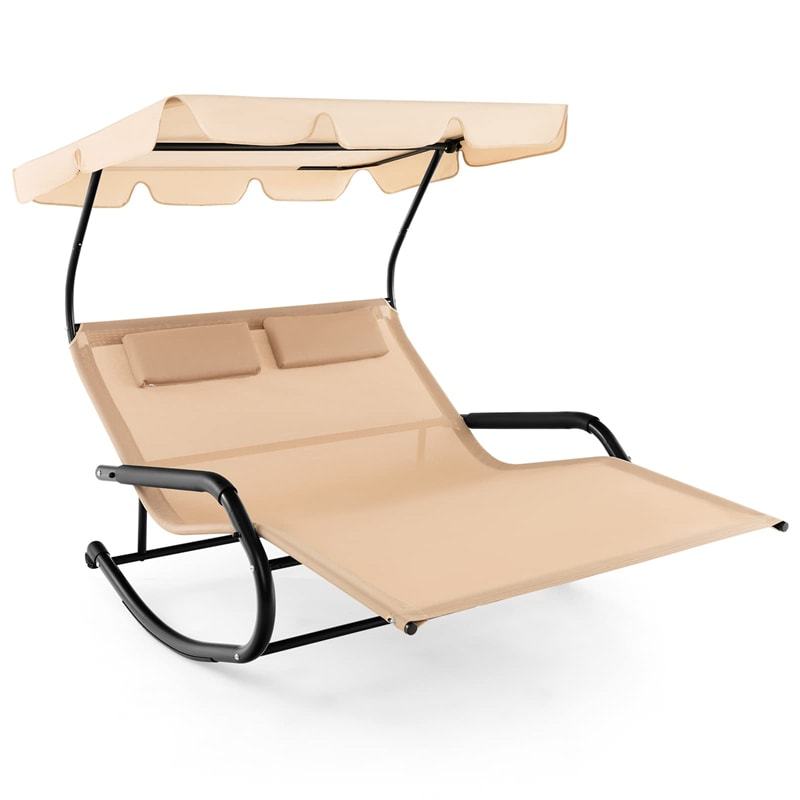 Outdoor Double Chaise Lounge Rocker Metal Frame 2 Person Rocking Lounge Chair with Adjustable Canopy, 2 Detachable Pillows & Wheels