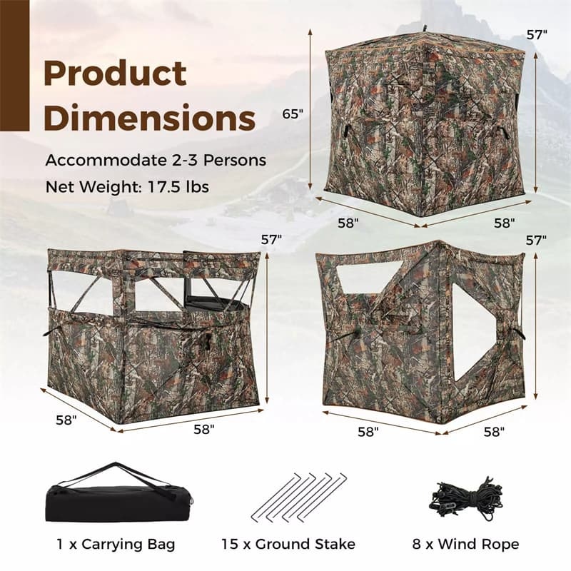 360° One-Way See-Through Hunting Blind 3-in-1 Multifunctional Camo Hunting Tent Stakeout Hunting Blind with Skylight, Roof Cover, Carrying Bag