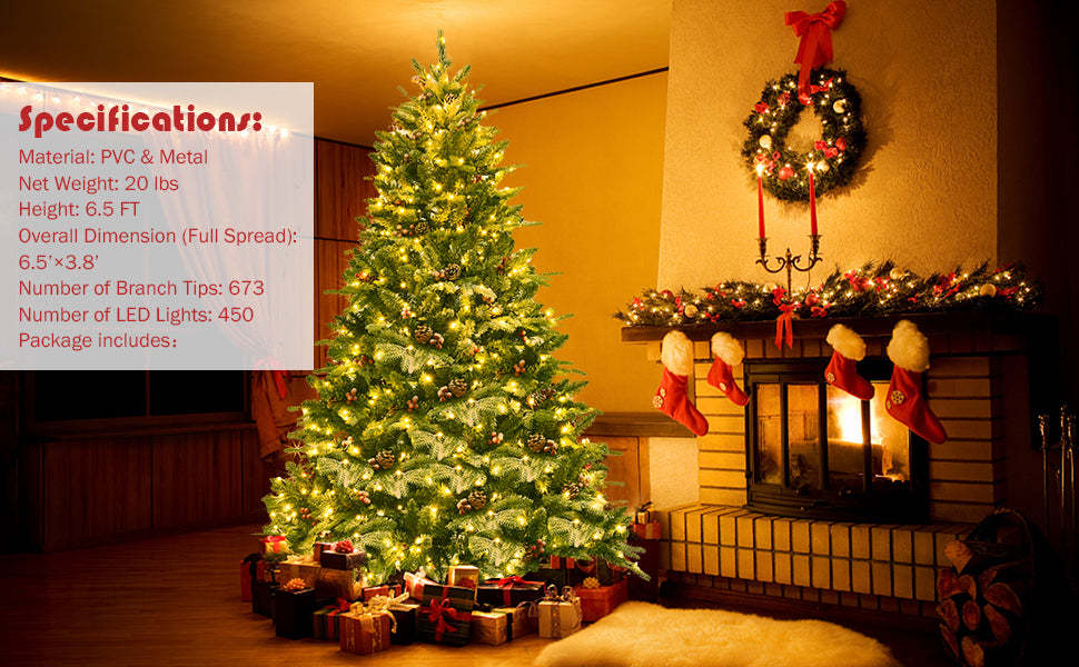 6.5ft Pre-lit Snow Flocked Hinged Artificial Christmas Tree with 450 LED Lights