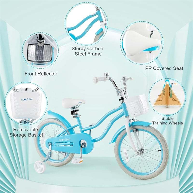 18" Kids Bike, Toddler Bicycle Girls Boys Bike for 3-8 Years Old with Training Wheels Adjustable Seat Removable Basket