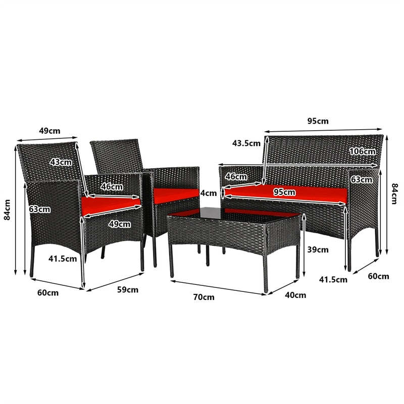 4 Pcs Wicker Patio Conversation Set Rattan Furniture Set with Loveseat & Tempered Glass Coffee Table