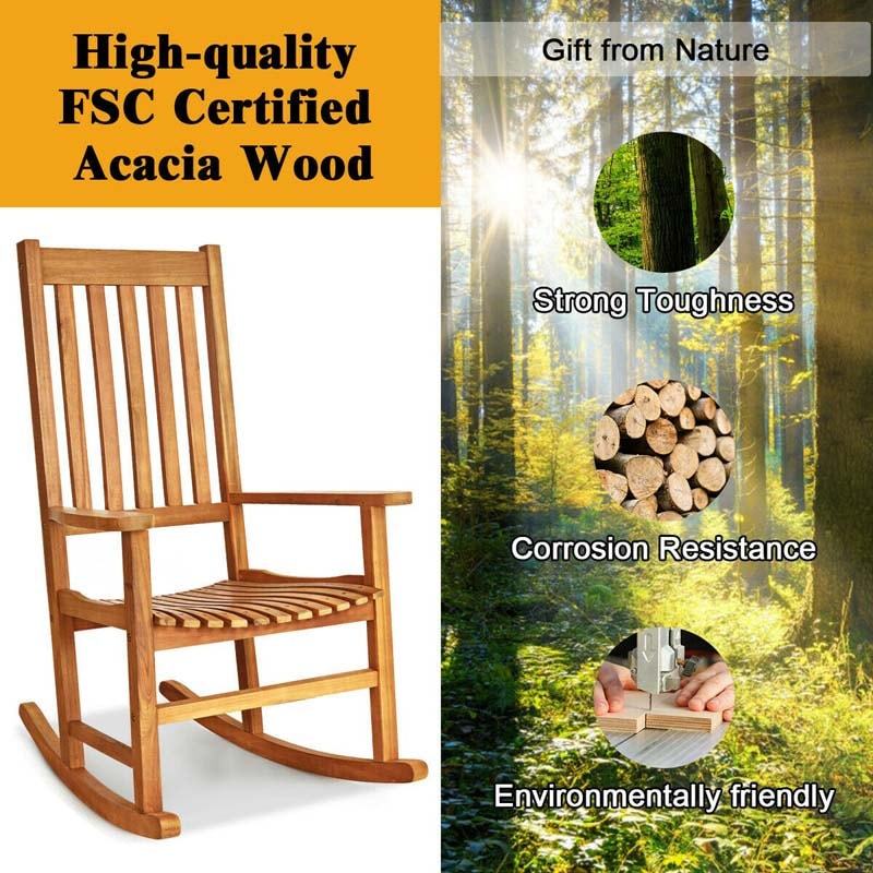 Oversized Acacia Wood Rocking Chair, High Back Patio Porch Rocker with Armrests & Slat Seat for Indoor & Outdoor Use