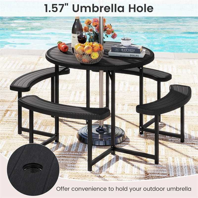 8 Person Round Outdoor Picnic Table Bench Set with Umbrella Hole, HDPE Tabletop, Metal Frame & 2000lbs Capacity for Patio, Garden, Lawn