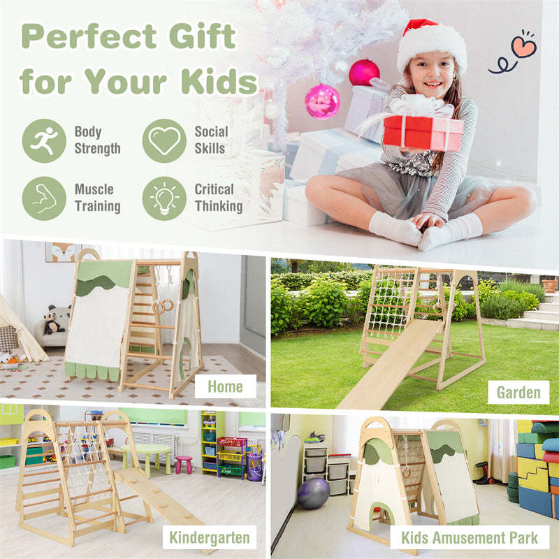 7-in-1 Toddler Climbing Toys Wooden Montessori Kids Indoor Playground Jungle Gym with Slide, Climbing Net & Removable Tent
