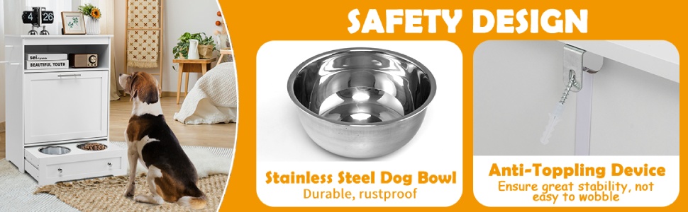 Modern Pet Feeding Station Furniture Dog Food Storage Cabinet with 2 Pull-out Dog Bowls for Watering and feeding Supplies