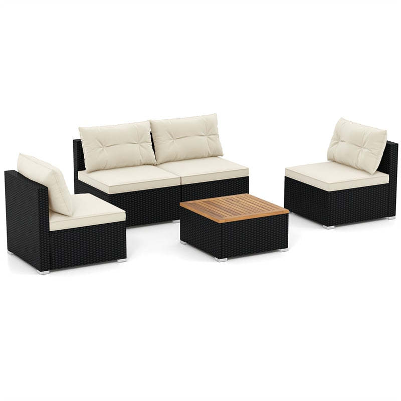 5 Piece PE Rattan Patio Sofa Set with Acacia Wood Top Coffee Table, Seat & Back Cushions, Wicker Outdoor Sectional Furniture for Backyard Garden
