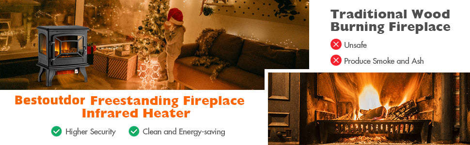 20 Inch Electric Fireplace Stove Freestanding Infrared Fireplace Heater with 3 Sided View