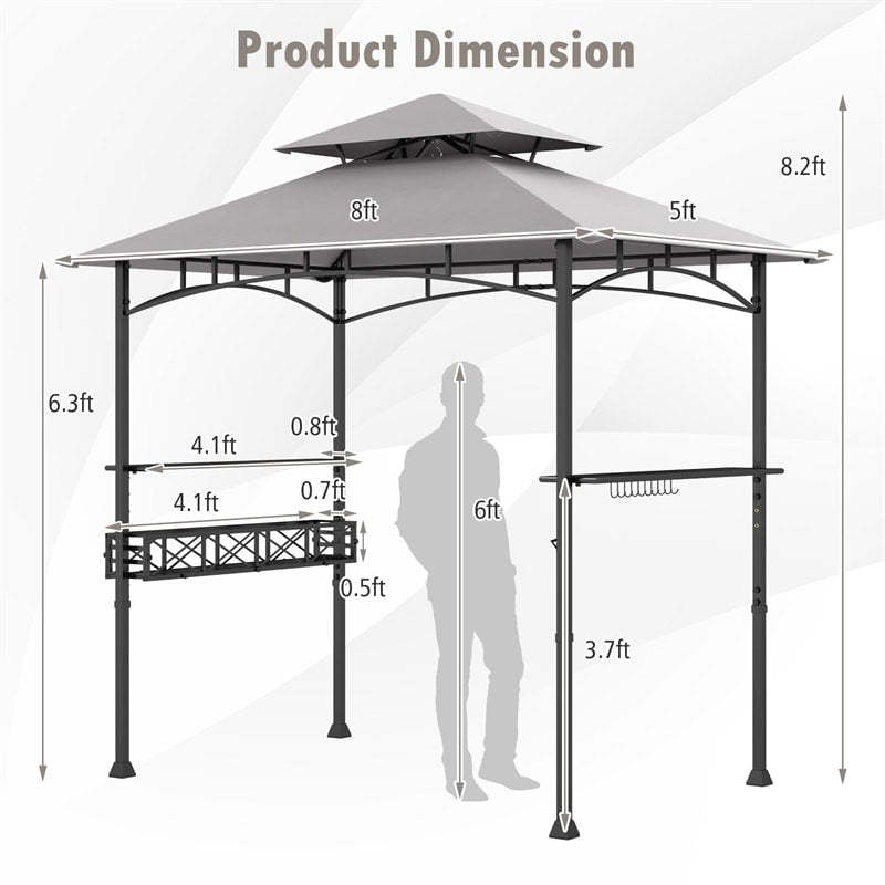 8x5 FT Grill Gazebo, 2-Tier Canopy Top Barbecue Gazebo with 2 Shelves, Storage, 20 Hanging Hooks & Metal Frame for Backyard, Poolside BBQs