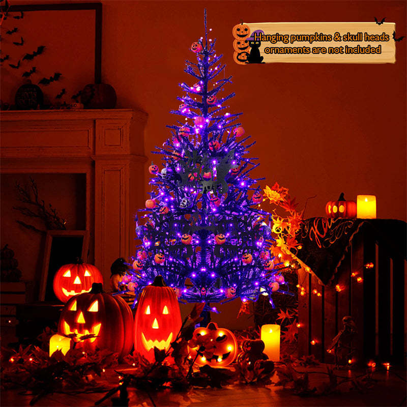 6ft Pre-lit Black Hinged Halloween Tree Christmas Tree with 250 Purple LED Lights & 25 Ornaments