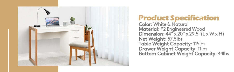 Wooden Home Office Desk White Computer Study Writing Table with Drawer & Cabinet