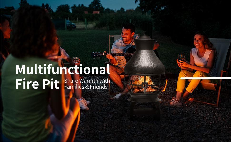 Wood Burning Chiminea, Cast Iron Outdoor Fireplace Fire Pit with 2-Piece Log Grate, 360° Fire Retardant Mesh Cover, Rain Cap & Poker for Garden Patio