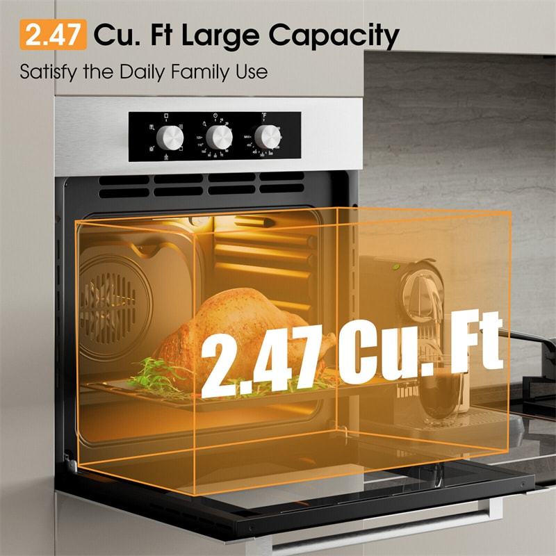 24" Electric Single Wall Oven, 2300W Built-in Wall Oven with 2.47 Cu. Ft. Capacity, 5 Cooking Modes, 360° Hot Air Circulation, Stainless Steel