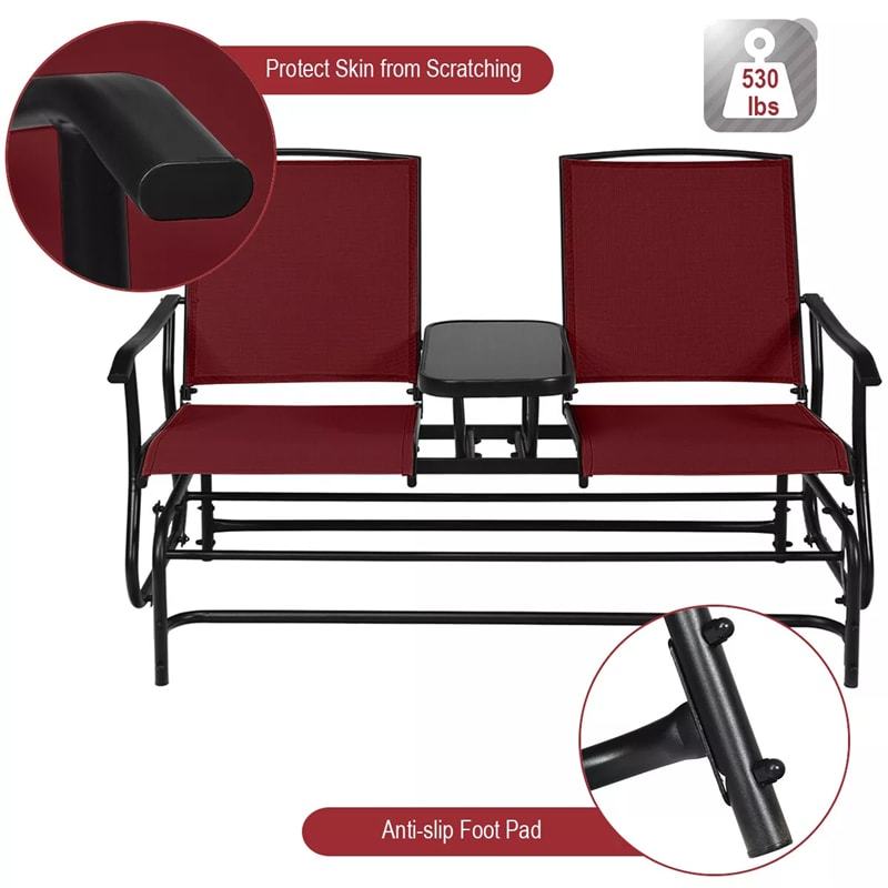2-Person Outdoor Glider Chair with Center Tempered Glass Table, Steel Frame & Breathable Mesh, Patio Rocking Bench for Porch Garden Poolside