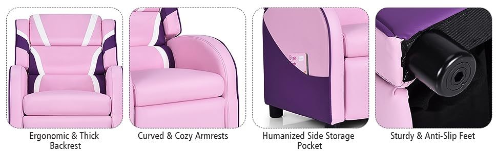 Kids Recliner Chair Adjustable Gaming Recliner Ergonomic Leather Sofa with Lumbar Support & Side Pockets