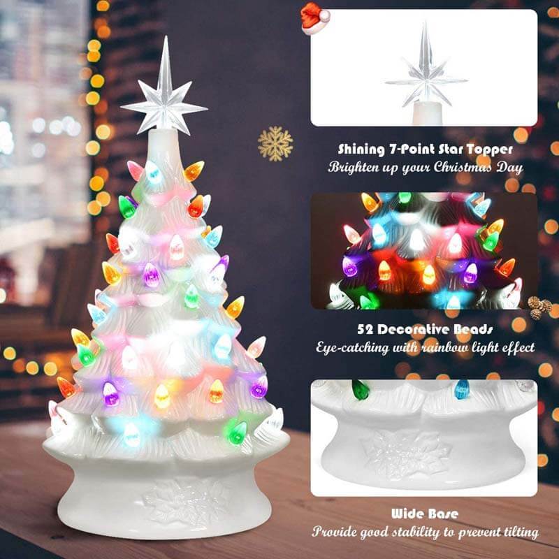 14 Inch Hand-Painted White Ceramic Tabletop Christmas Tree with 12 Built-in Lights and Top Star