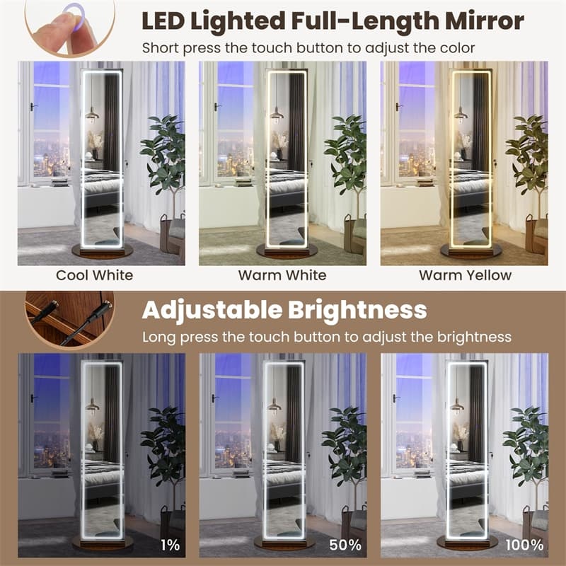 360° Swivel Jewelry Armoire with Full Length Mirror, Adjustable 3-Color LED Lights & Storage Rack, Lockable Standing Jewelry Cabinet Organizer