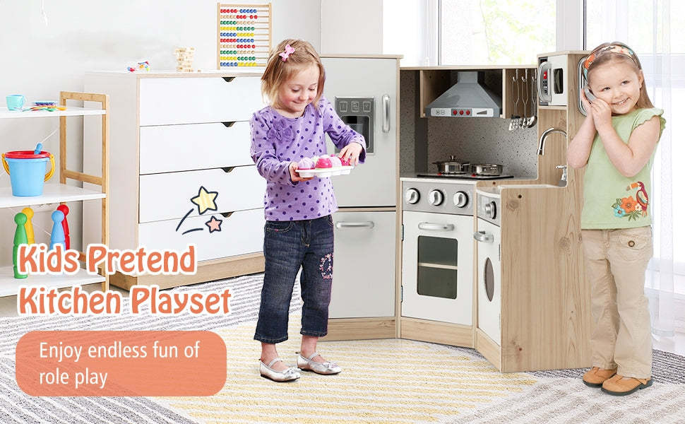 Kids Walk-in Kitchen Playset 9-in-1 Wooden Little Chef Pretend Play Kitchen Toy Set for Toddlers with Lights Sounds & Water Dispenser