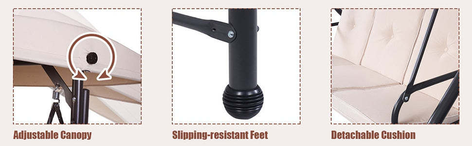 3 Seats Outdoor Patio Porch Swing Chair with Cushion Seat & Adjustable Tilt Canopy