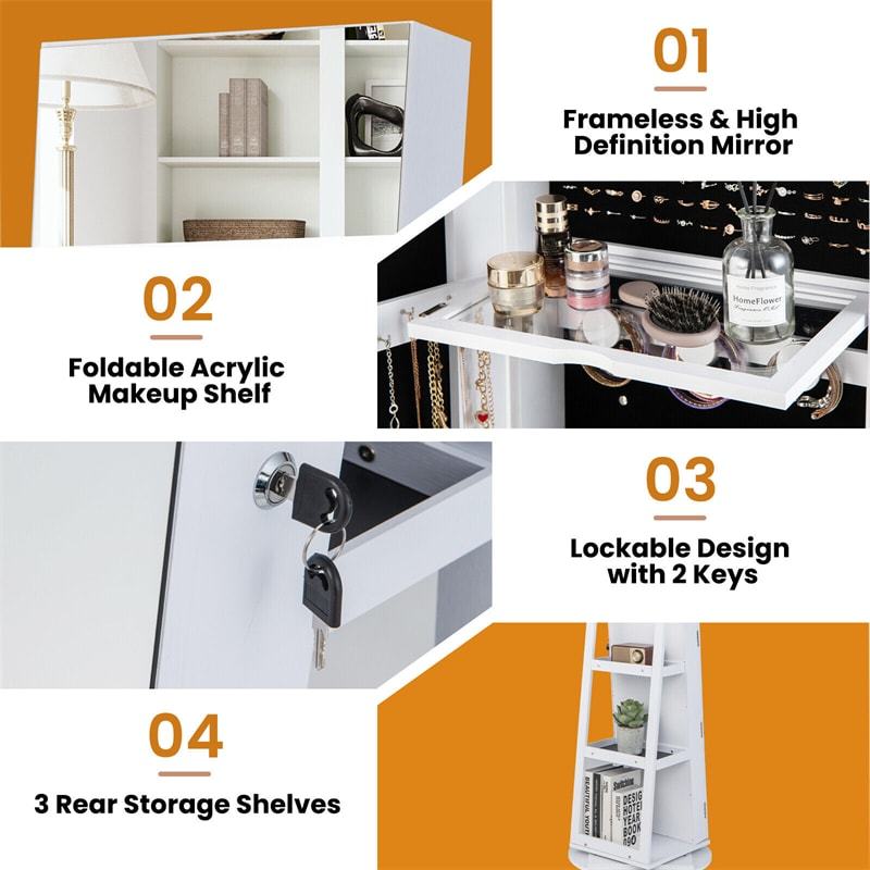 360° Swivel Jewelry Armoire with Full Length Mirror, Adjustable 3-Color LED Lights & Storage Rack, Lockable Standing Jewelry Cabinet Organizer