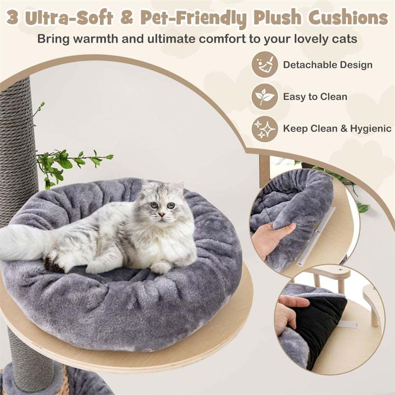 Floor to Ceiling Cat Tree Tower 5 Tier Wooden Cat Climbing Pole 93”-107” Adjustable Height with Scratching Post, Cozy Hammock & Basket Bed