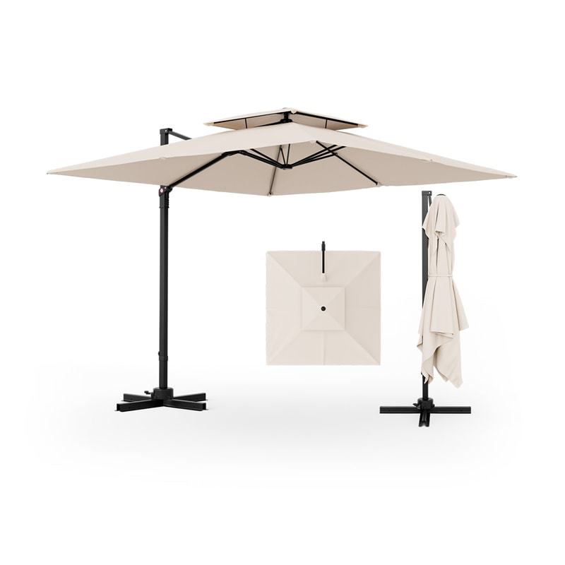 9.5FT Double Top Cantilever Umbrella, Heavy Duty Offset Hanging Patio Umbrella Square Outdoor Umbrella with 360° Rotation & Cross Base