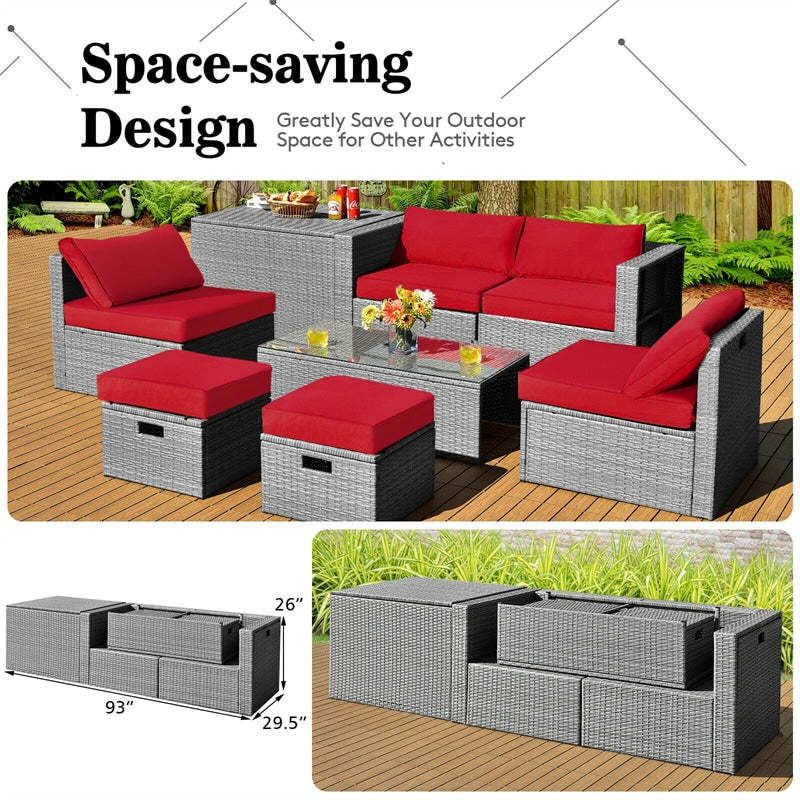 8 Piece Patio Furniture Set, PE Rattan Sectional Sofa Set with Storage Box, Ottomans, Coffee Table, Waterproof Cushions for Poolside/Balcony