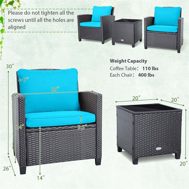 3 Piece Rattan Patio Conversation Furniture Set, Outdoor Wicker Sofa Chair Set with Coffee Table, Washable Cushions & 2-Set Covers
