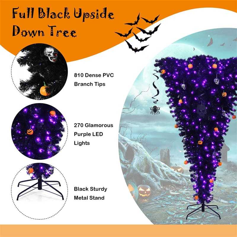 Upside Down Christmas Tree Pre-Lit Black Halloween Tree with 270 Purple LED lights, Artificial Hinged Inverted Xmas Tree for Holiday Carnival Party Decor