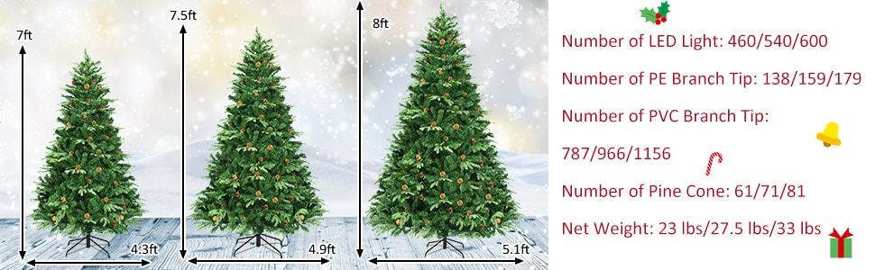 7/7.5/8 Feet Pre-Lit Artificial Christmas Tree Premium Spruce Hinged Tree with LED Lights & Pine Cones, Xmas Tree for Holiday Indoor Décor