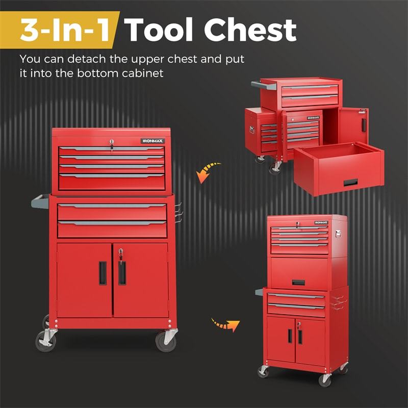 6 Drawer Rolling Tool Chest, 3-in-1 Extra Large Tool Storage Cabinet with Lockable Wheels & Auto Lock, Heavy-Duty Tool Box for Garage, Workshop