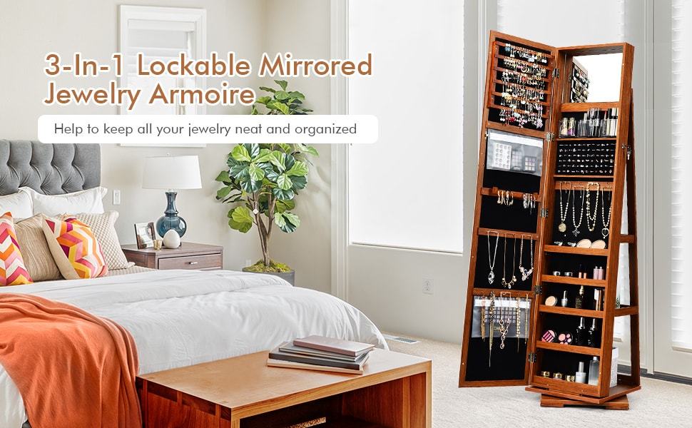 360° Swivel Jewelry Armoire Standing Lockable Jewelry Cabinet Organizer with Higher Full Length Mirror & Rear Storage Shelves