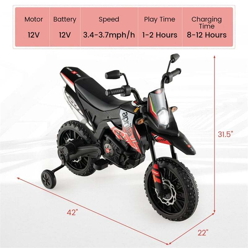 12V Kids Ride On Motorcycle, Licensed Aprilia Electric Dirt Bike with Training Wheels & Headlights, Battery Powered Ride On Car for Ages 3+