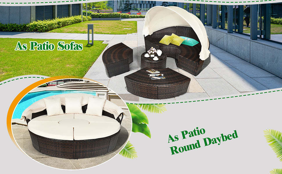Round Patio Wicker Rattan Outdoor Daybed with Retractable Canopy - Brown