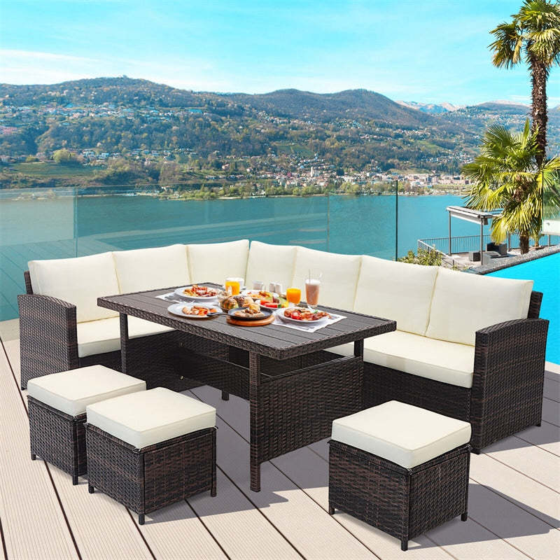 7 PCS Outdoor Wicker Sectional Sofa Furniture Set Patio Conversation Set with Coffee Table, Ottomans& Cushions