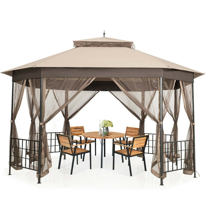 10’ x 12’ Patio Gazebo Canopy Heavy Duty Octagon Outdoor Gazebo with Netting Sidewalls & 2-Tier Ventilated Roof