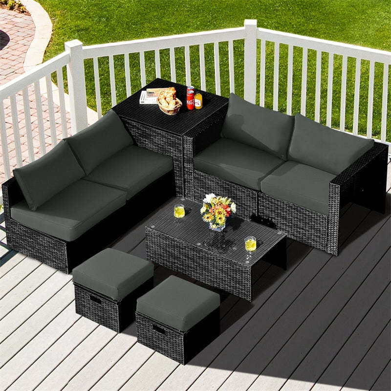 8PCS Wicker Outdoor Sectional Set, Patio Rattan Furniture Set with Storage Box, Coffee Table, Sofas, Ottomans, Cushions & Waterproof Cover