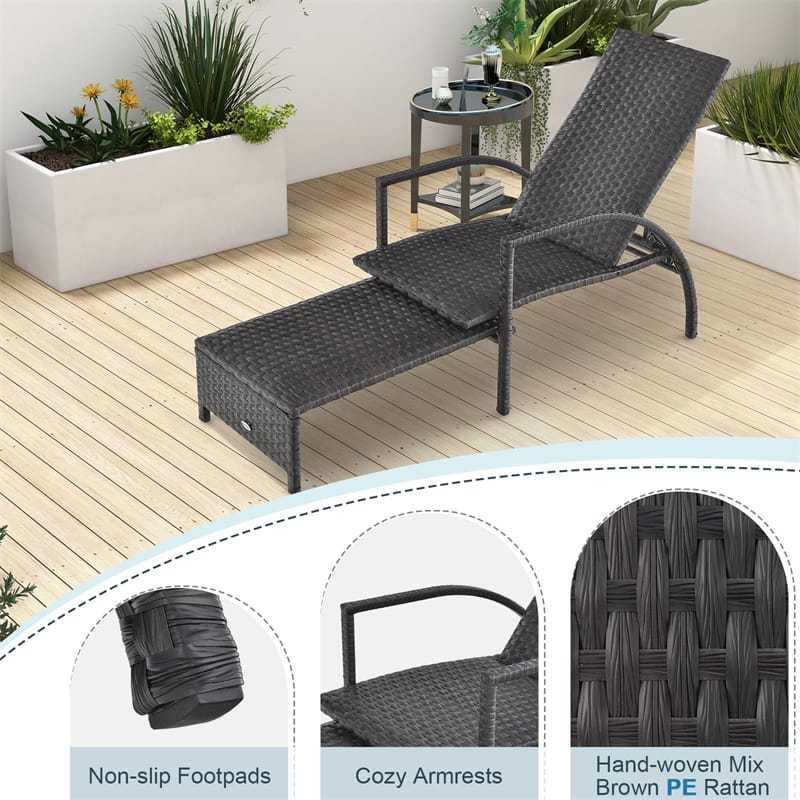 Patio Chaise Lounge, Outdoor Padded Rattan Lounge Chair with Retractable Footrest, 5-Level Adjustable Backrest, Metal Frame Wicker Recliner for Yard