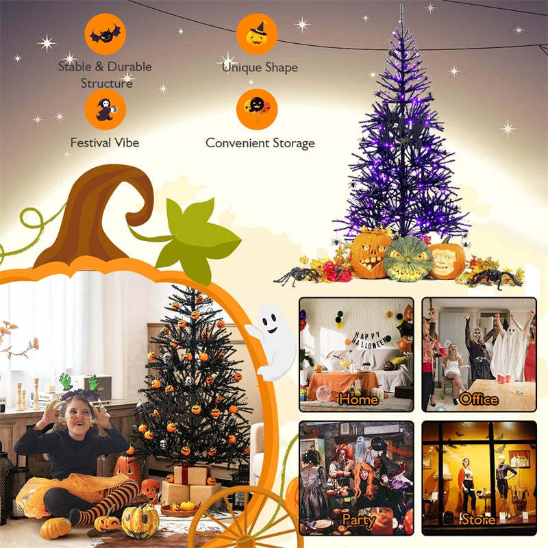 6ft Pre-lit Black Hinged Halloween Tree Christmas Tree with 250 Purple LED Lights & 25 Ornaments