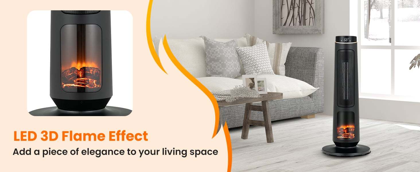 1500W Electric Space Heater, 30" PTC Ceramic Tower Heater with 3D Flame, Remote Control & 80° Oscillating for Large Rooms, Living Room, Bedroom