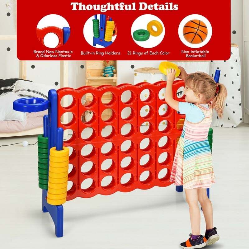 Giant 4-in-A-Row Game Set, Jumbo 4-to-Score Lawn Game with Basketball Hoop, 42 Rings, Quick-Release Slider for Kids & Adults, Indoors Outdoors