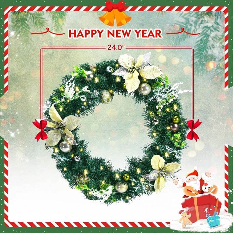 24 Inch Pre-lit Artificial Christmas Wreath with Mixed Decorations